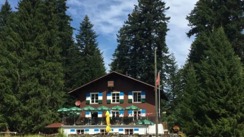 Gruppenhaus Berghaus Ricketschwändi in Kriens mit blauem Dach im Wald
