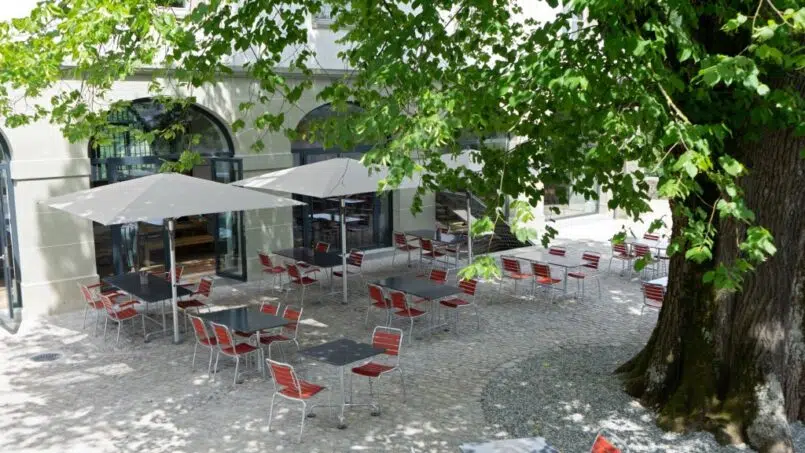 Jugendherberge Schloss Burgdorf Innenhof mit Tischen und Stühlen unter Baum
