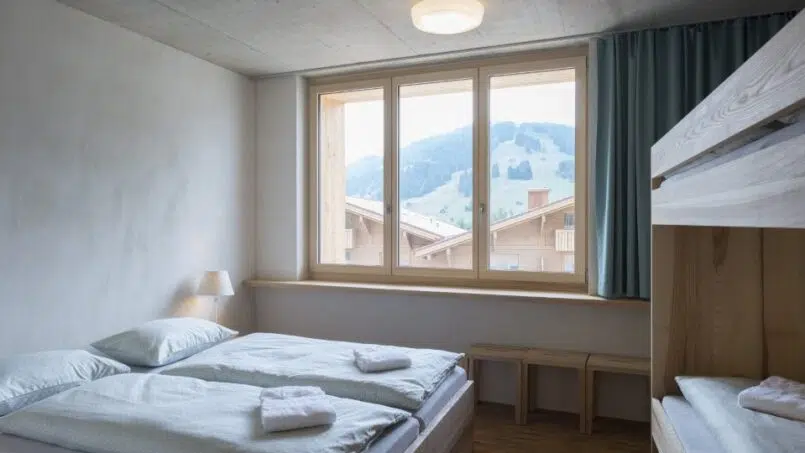 Jugendherberge Gstaad Saanenland Zimmer mit Etagenbetten und Fenster