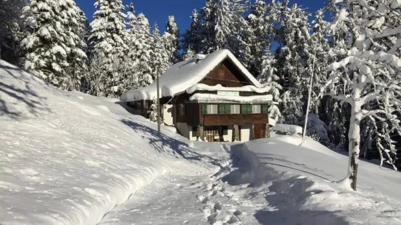 Gruppenunterkunft Ski- und Ferienhaus Sunneschy Flumserberg - Holzhaus im Schnee umgeben von Bäumen
