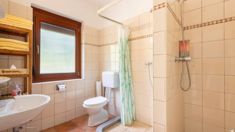 Gruppenhaus Bamboohouse Motel Riazzino Badezimmer mit Dusche, Waschbecken und WC