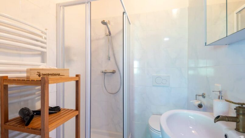 Gruppenhaus Bamboohouse Motel Riazzino Badezimmer mit Duschkabine und Holzregalen