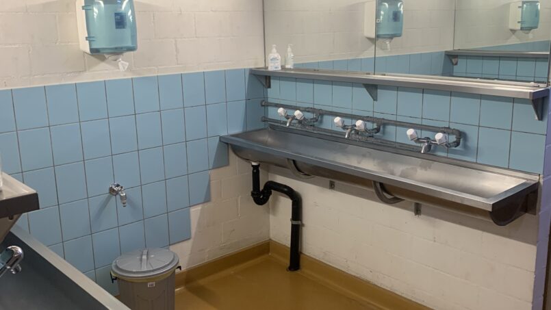 Gruppenhaus Pfadiheim Wallisellen Badezimmer mit zwei Waschbecken und Spiegel