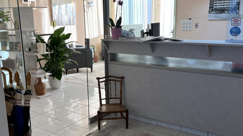Rezeptionsbereich mit Stuhl und Pflanze im Gruppenhaus Hotel Rondinella in Locarno