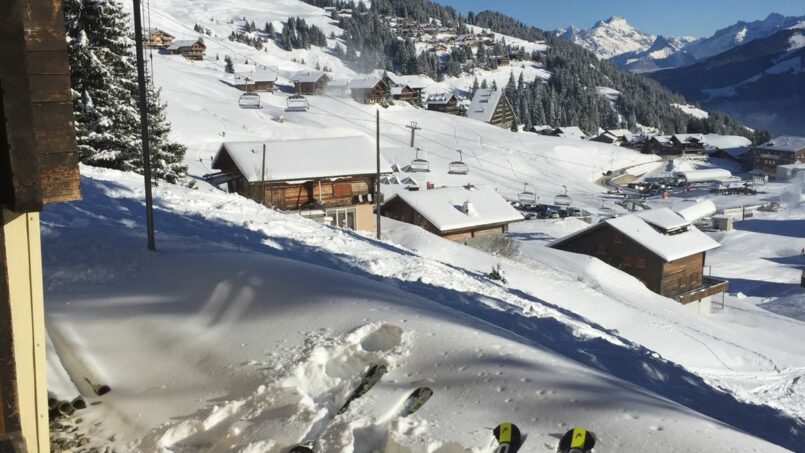 Gruppenhaus Chalet La Marmotte in Les Crosets mit Skis im Schnee